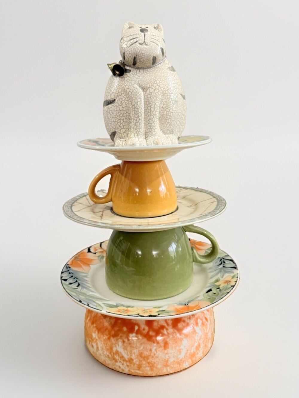 Vintage Handmade Decorative Whimsical Stacks w/ Raku Cat Pottery 12.5 “ Tall